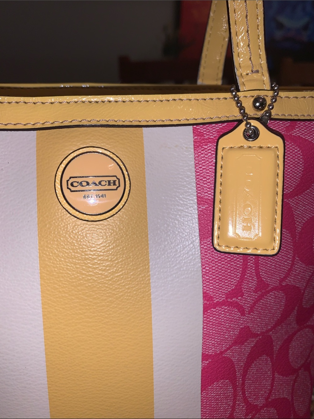 Coach Pink and Yellow Signature Stripe Mini Tote Bag Vintage 2013 - Picture 3 of 14
